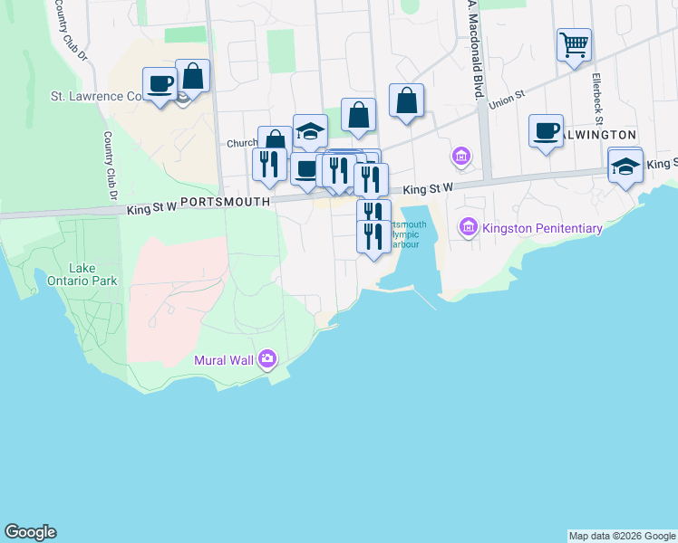 map of restaurants, bars, coffee shops, grocery stores, and more near 39 Mowat Avenue in Kingston