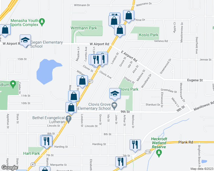 map of restaurants, bars, coffee shops, grocery stores, and more near 962 Grove Street in Menasha
