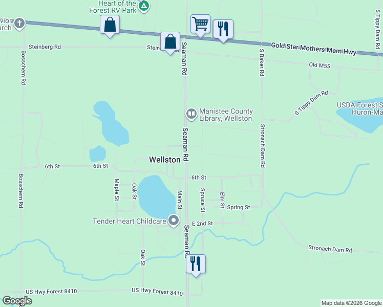 map of restaurants, bars, coffee shops, grocery stores, and more near 17204 6th Street in Manistee