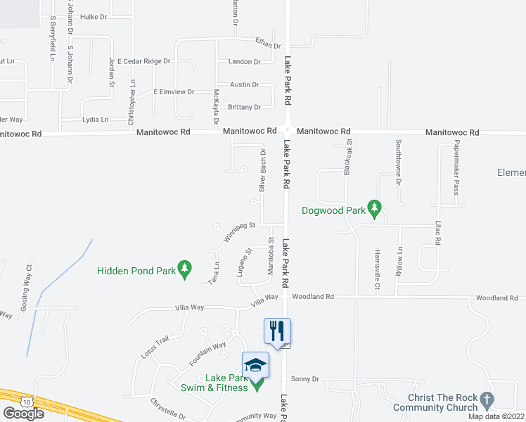 map of restaurants, bars, coffee shops, grocery stores, and more near 1065 Silver Birch Drive in Menasha