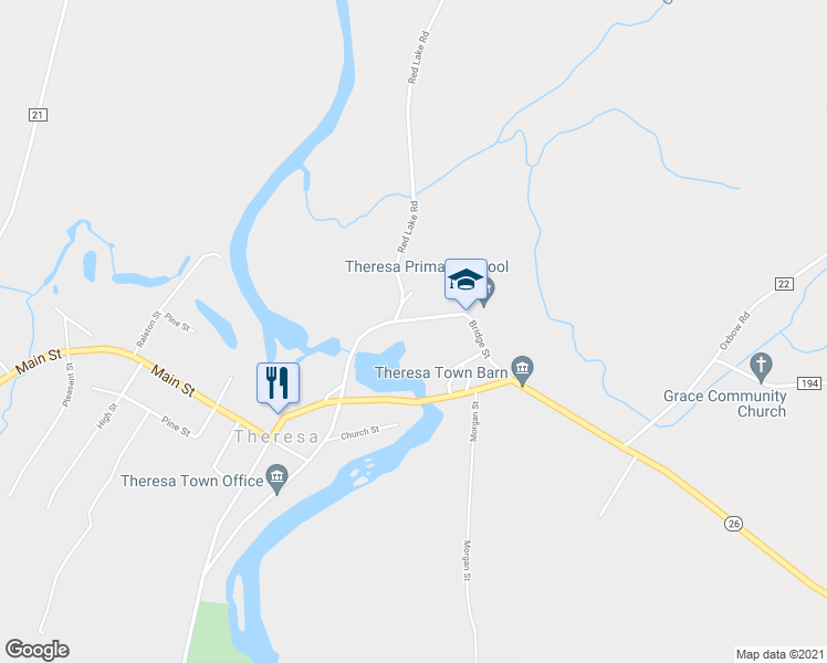 map of restaurants, bars, coffee shops, grocery stores, and more near 116.1/2 Bridge St in Theresa