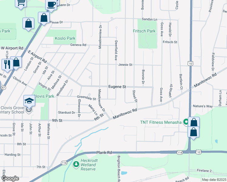 map of restaurants, bars, coffee shops, grocery stores, and more near 1017 Deerfield Avenue in Menasha