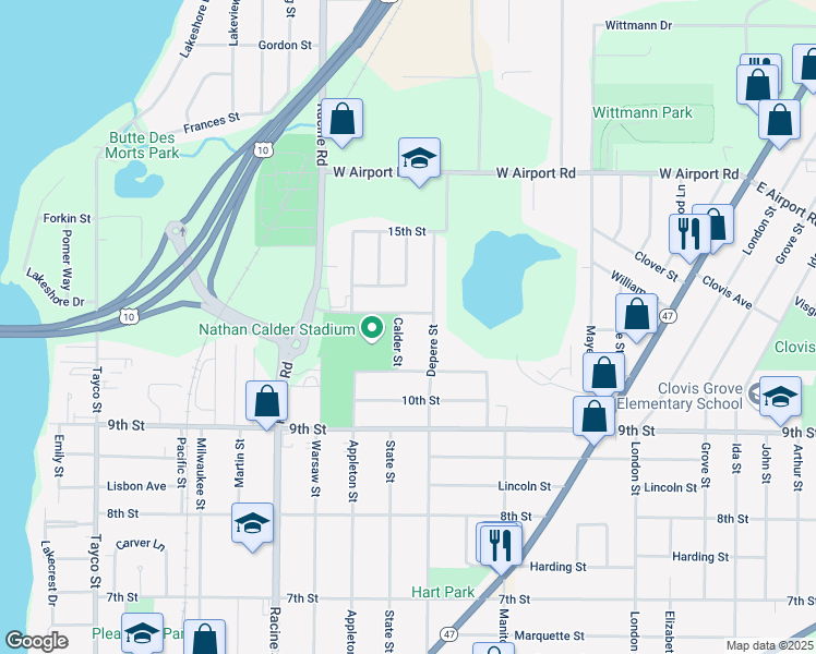 map of restaurants, bars, coffee shops, grocery stores, and more near 619 12th Street in Menasha