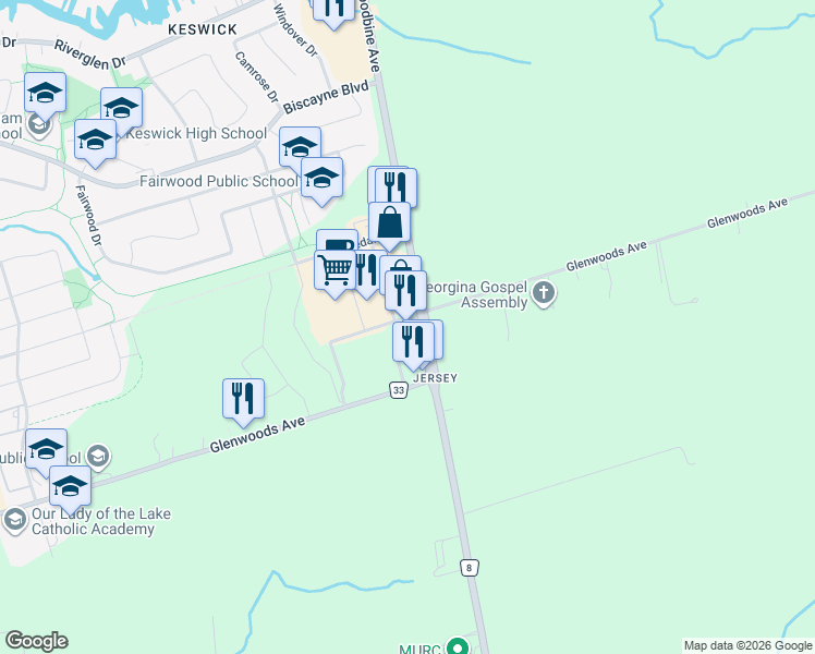 map of restaurants, bars, coffee shops, grocery stores, and more near 23546 Woodbine Avenue in Georgina
