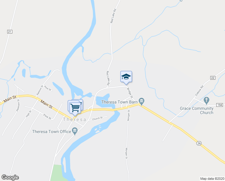 map of restaurants, bars, coffee shops, grocery stores, and more near 116.1/2 Bridge Street in Theresa
