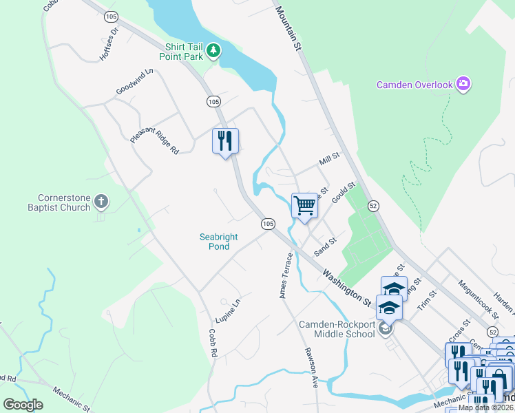 map of restaurants, bars, coffee shops, grocery stores, and more near 142 Washington Street in Camden