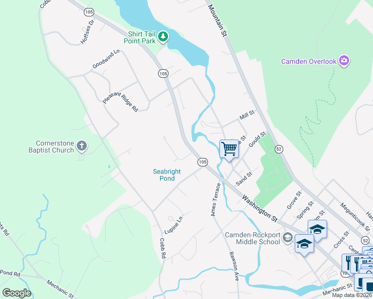 map of restaurants, bars, coffee shops, grocery stores, and more near 142 Washington Street in Camden
