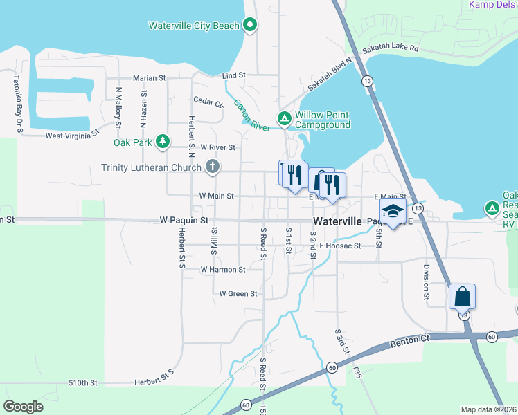 map of restaurants, bars, coffee shops, grocery stores, and more near 207 East Main Street in Waterville