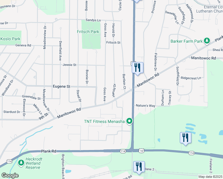 map of restaurants, bars, coffee shops, grocery stores, and more near 1070 Harold Drive in Menasha