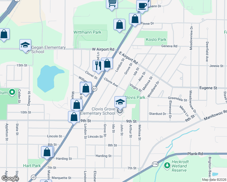 map of restaurants, bars, coffee shops, grocery stores, and more near 970 Grove Street in Menasha