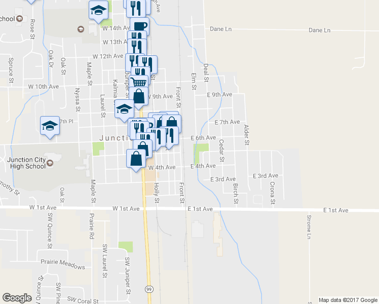 map of restaurants, bars, coffee shops, grocery stores, and more near 125 East 6th Avenue in Junction City