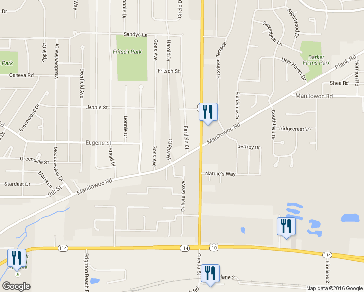 map of restaurants, bars, coffee shops, grocery stores, and more near 1062 Bartlein Court in Menasha