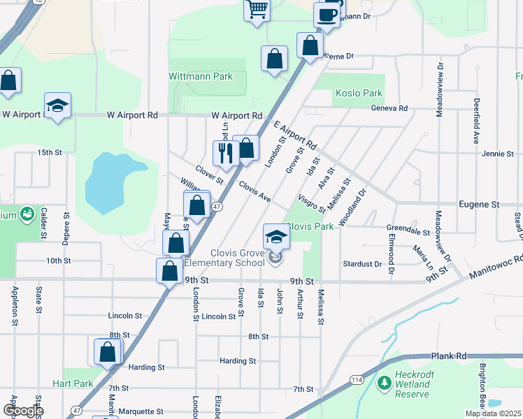 map of restaurants, bars, coffee shops, grocery stores, and more near 970 Grove Street in Menasha