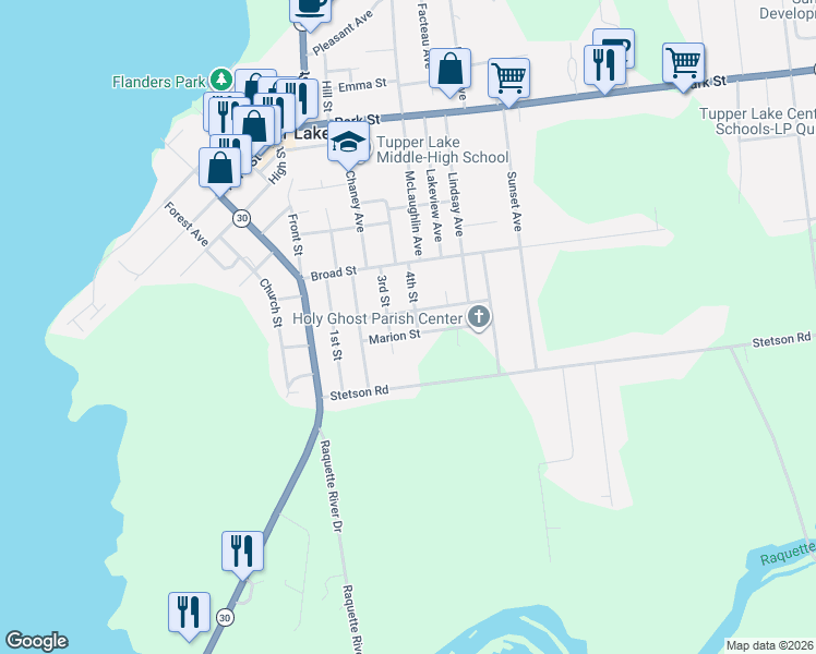 map of restaurants, bars, coffee shops, grocery stores, and more near 13 4th St in Tupper Lake