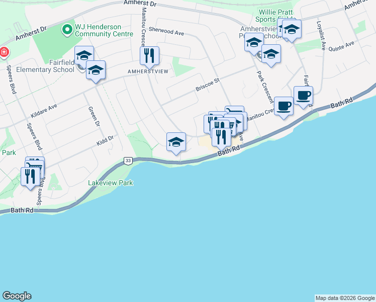 map of restaurants, bars, coffee shops, grocery stores, and more near Penny Lane in Lennox and Addington County