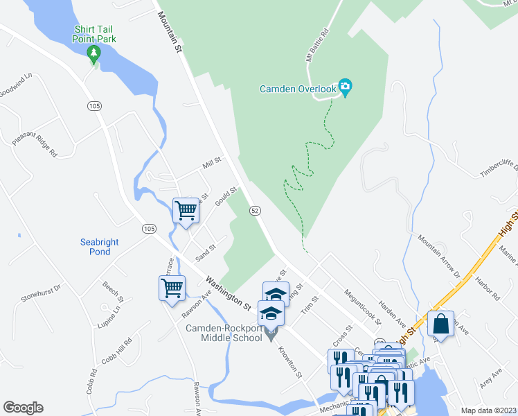 map of restaurants, bars, coffee shops, grocery stores, and more near 71 Mountain Street in Camden
