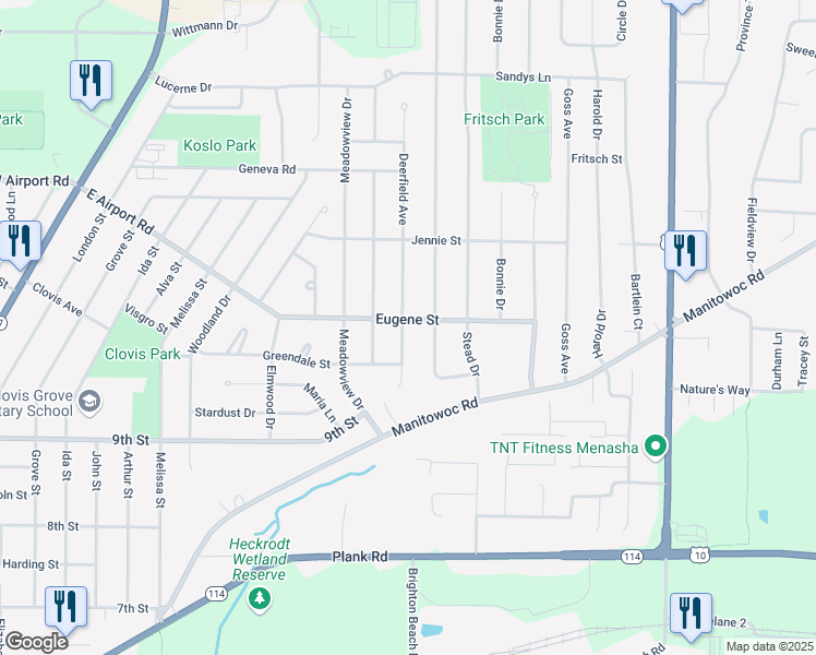 map of restaurants, bars, coffee shops, grocery stores, and more near 1017 Deerfield Avenue in Menasha