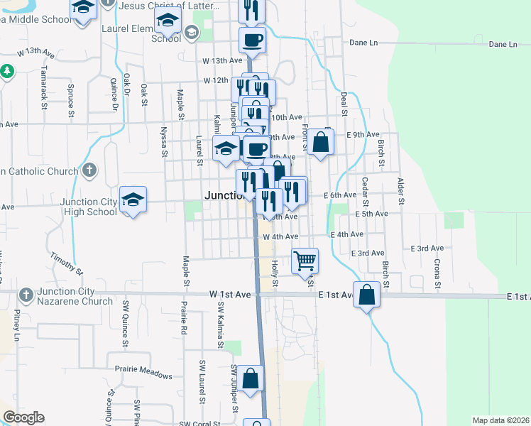 map of restaurants, bars, coffee shops, grocery stores, and more near 520 Pacific Highway West in Junction City