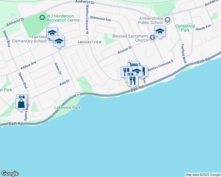 map of restaurants, bars, coffee shops, grocery stores, and more near Penny Lane in Lennox and Addington County