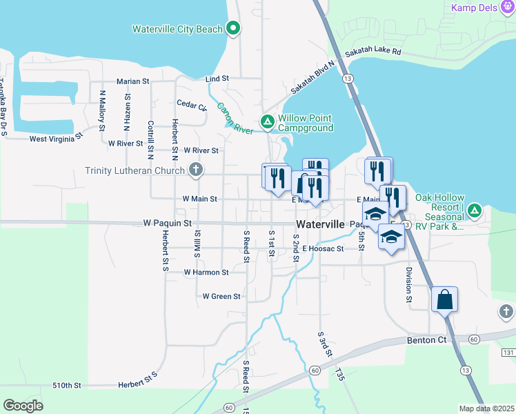 map of restaurants, bars, coffee shops, grocery stores, and more near 125 East Main Street in Waterville