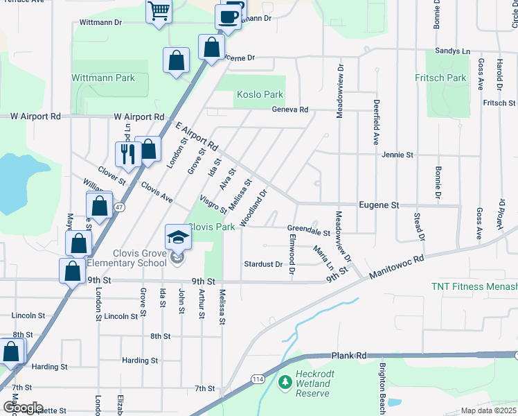 map of restaurants, bars, coffee shops, grocery stores, and more near 1043 Woodland Drive in Menasha