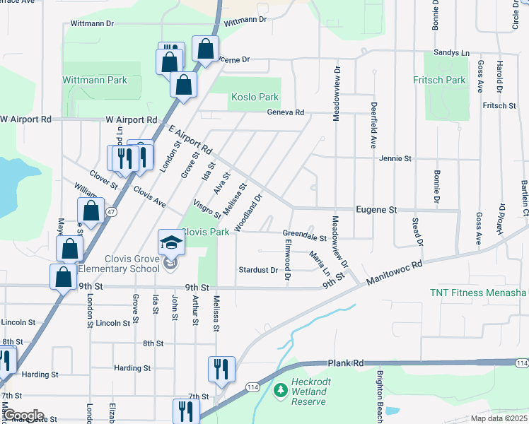 map of restaurants, bars, coffee shops, grocery stores, and more near 1043 Woodland Drive in Menasha