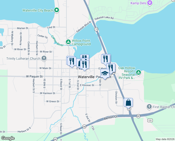 map of restaurants, bars, coffee shops, grocery stores, and more near 320 East Main Street in Waterville