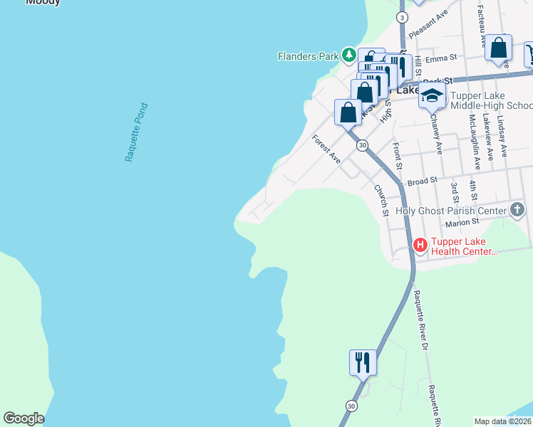 map of restaurants, bars, coffee shops, grocery stores, and more near West Park Street in Tupper Lake