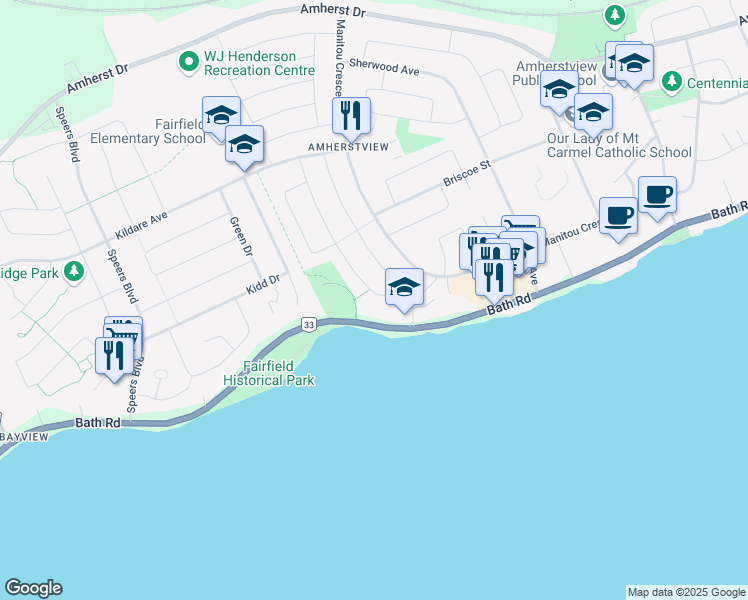 map of restaurants, bars, coffee shops, grocery stores, and more near 34 Cambridge Crescent in Lennox and Addington County
