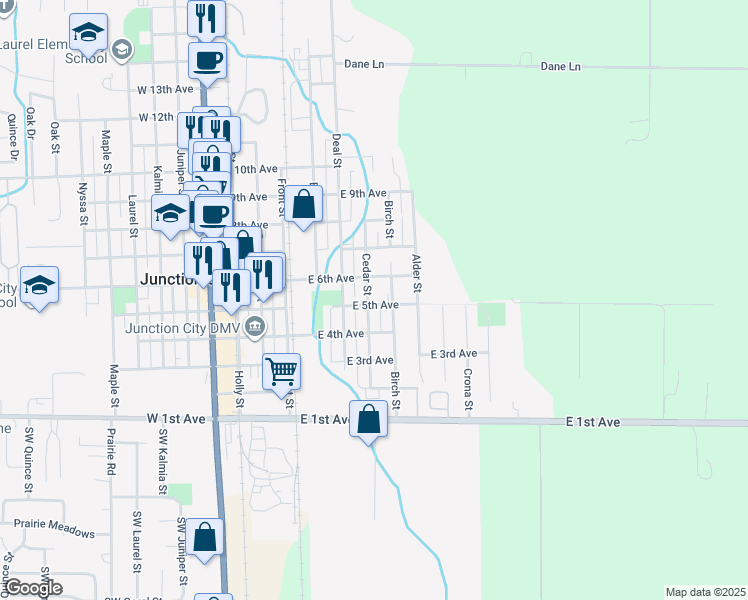 map of restaurants, bars, coffee shops, grocery stores, and more near 540 Cedar Street in Junction City