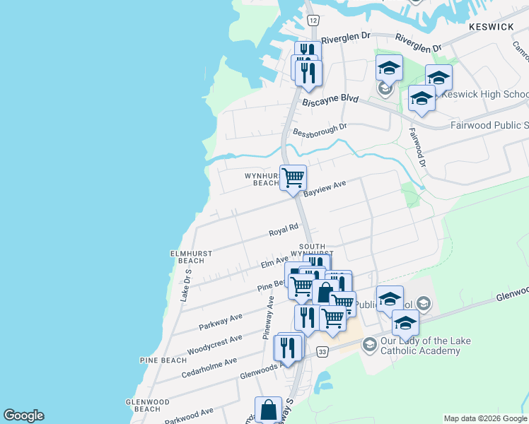 map of restaurants, bars, coffee shops, grocery stores, and more near 215 Bayview Avenue in Georgina