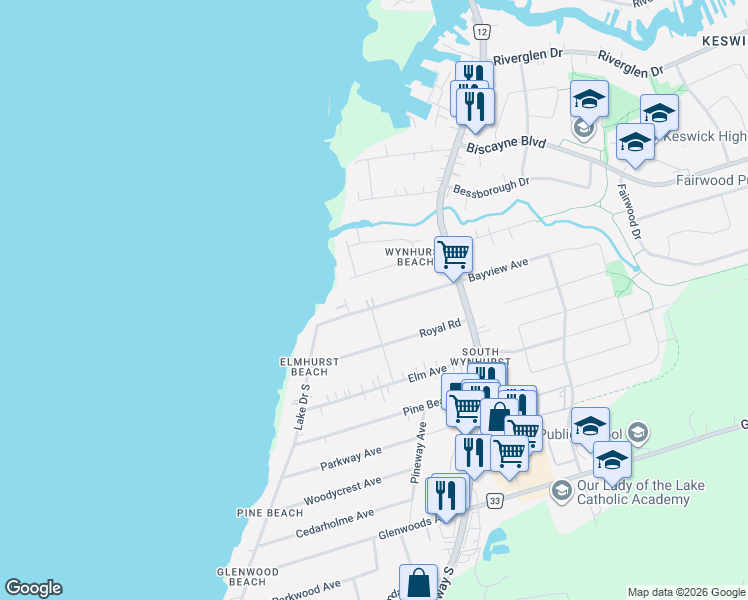 map of restaurants, bars, coffee shops, grocery stores, and more near 230 Bayview Avenue in Georgina