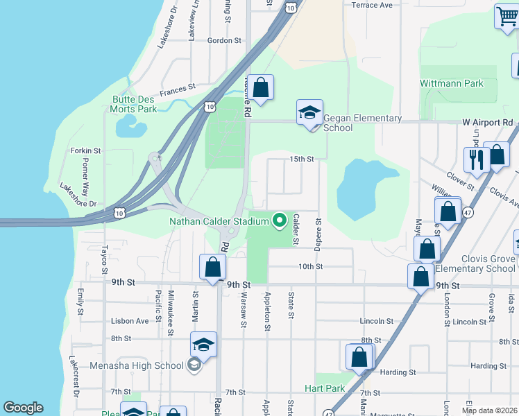 map of restaurants, bars, coffee shops, grocery stores, and more near 576 12th Street in Menasha