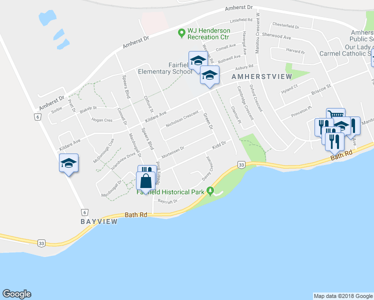 map of restaurants, bars, coffee shops, grocery stores, and more near 43 Mortensen Drive in Lennox and Addington County