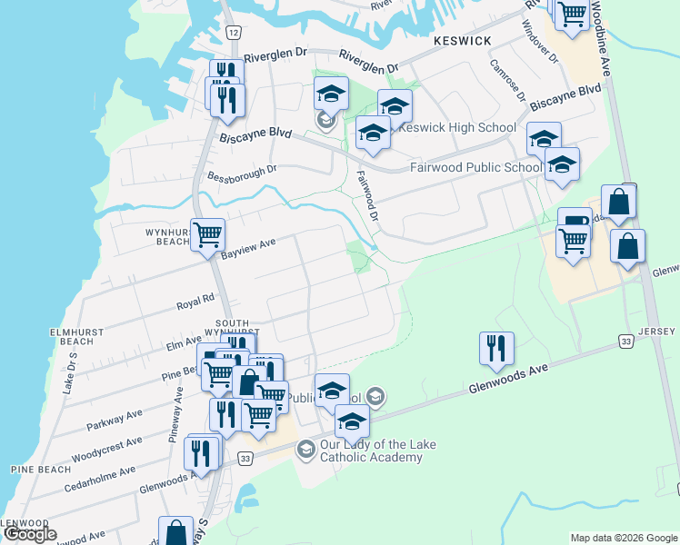 map of restaurants, bars, coffee shops, grocery stores, and more near 54 Bambi Crescent in Georgina
