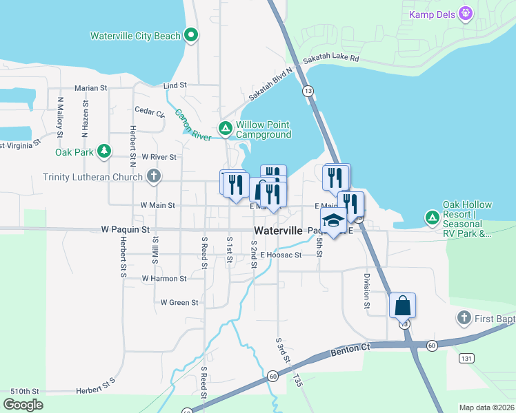 map of restaurants, bars, coffee shops, grocery stores, and more near 207 East Main Street in Waterville