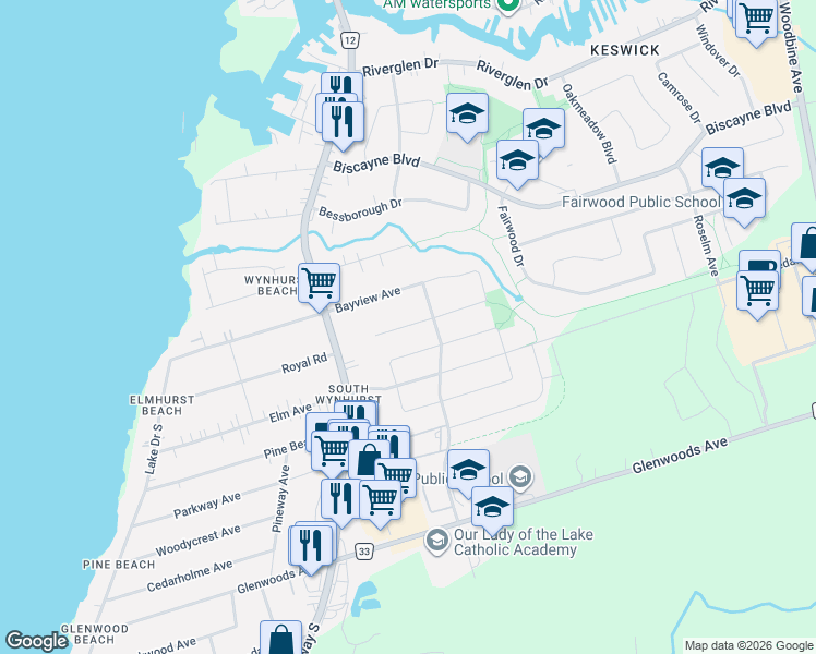 map of restaurants, bars, coffee shops, grocery stores, and more near 37 Rainbow Court in Georgina