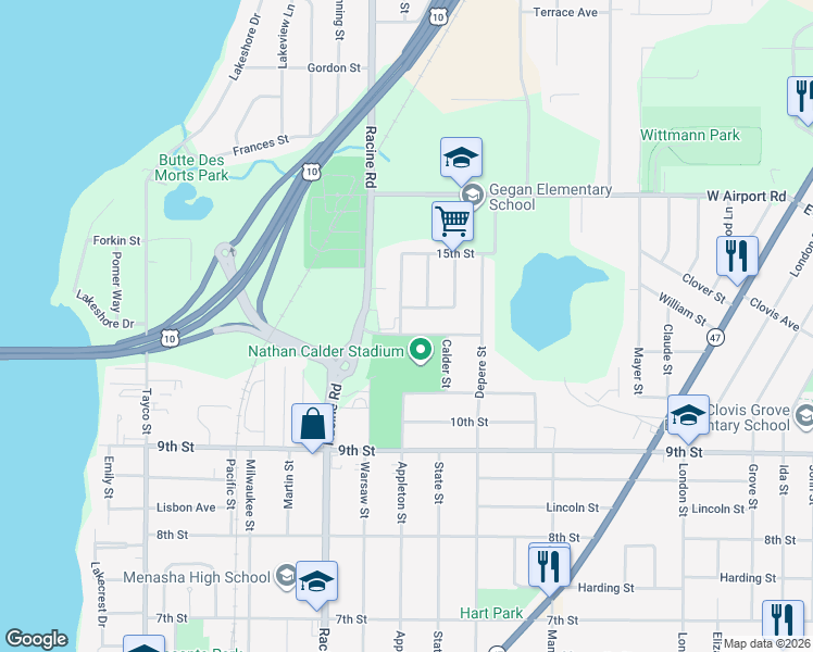map of restaurants, bars, coffee shops, grocery stores, and more near 576 12th Street in Menasha