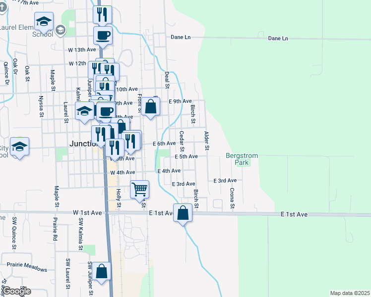 map of restaurants, bars, coffee shops, grocery stores, and more near 570 Cedar Street in Junction City