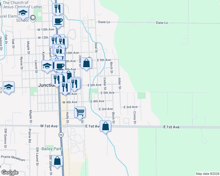map of restaurants, bars, coffee shops, grocery stores, and more near 573 Birch Street in Junction City