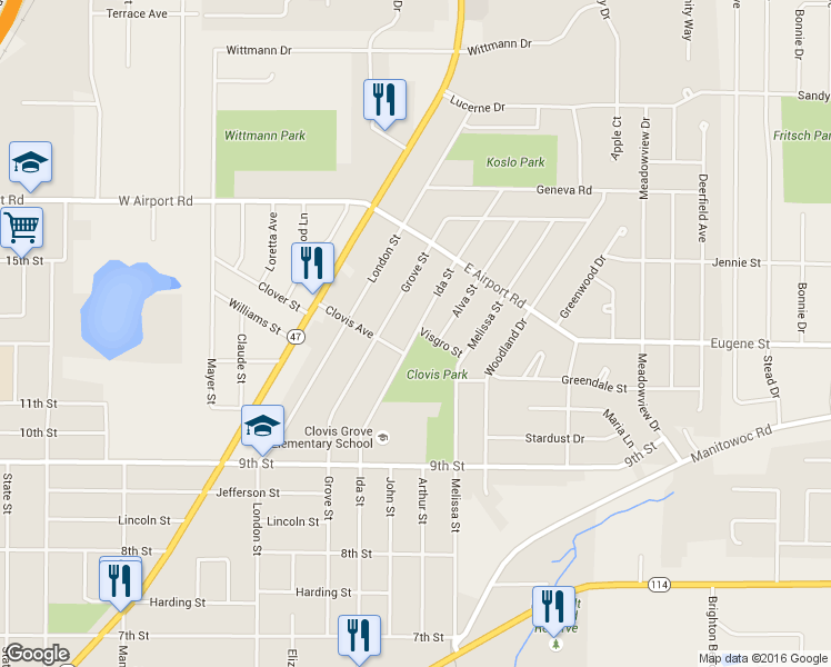map of restaurants, bars, coffee shops, grocery stores, and more near 1032 Ida Street in Menasha