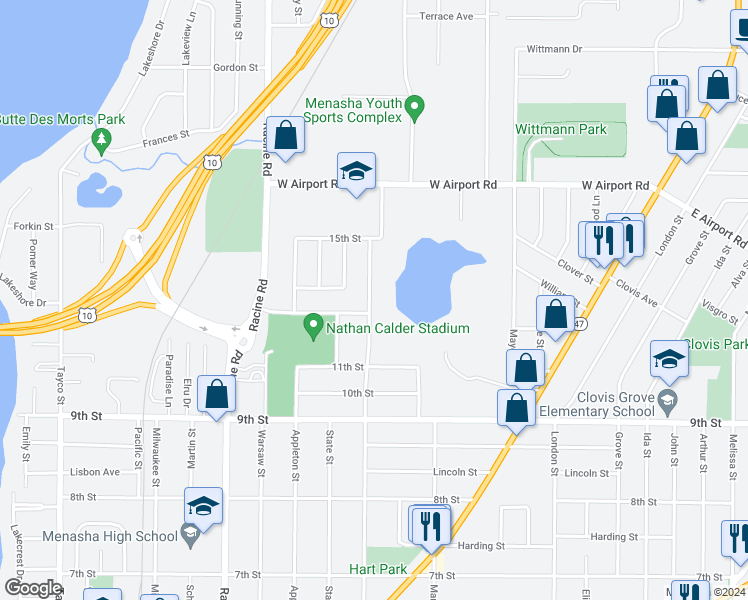 map of restaurants, bars, coffee shops, grocery stores, and more near 1209 Depere Street in Menasha