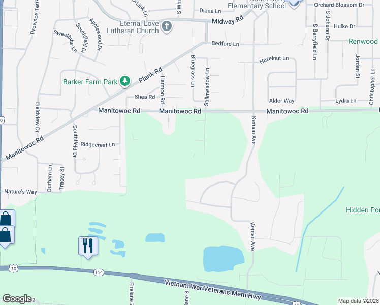 map of restaurants, bars, coffee shops, grocery stores, and more near 1053 Stillmeadow Lane in Menasha
