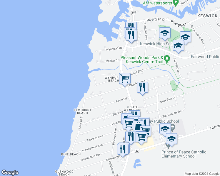 map of restaurants, bars, coffee shops, grocery stores, and more near 216 Bayview Avenue in Georgina