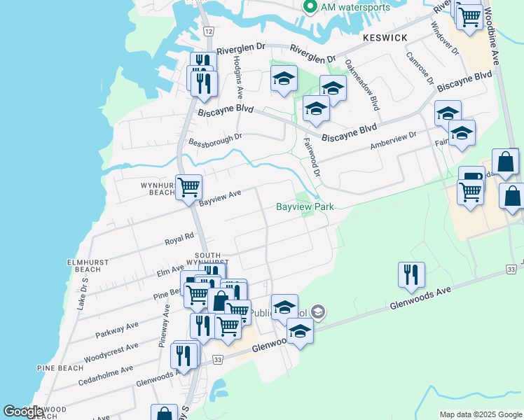 map of restaurants, bars, coffee shops, grocery stores, and more near Rainbow Court in Georgina