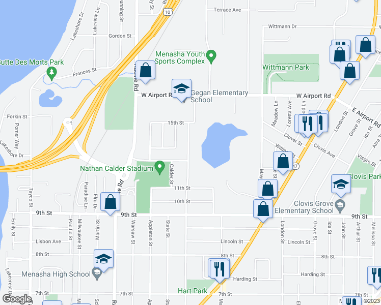 map of restaurants, bars, coffee shops, grocery stores, and more near 1211 Depere Street in Menasha