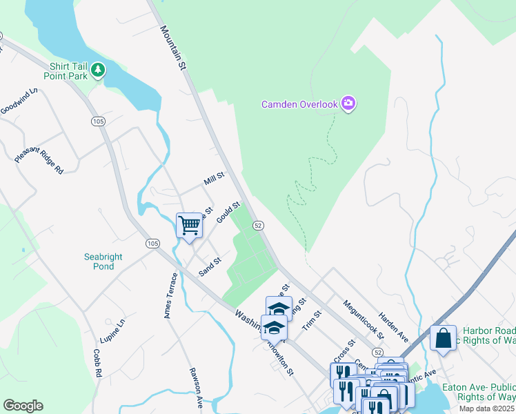 map of restaurants, bars, coffee shops, grocery stores, and more near 71 Mountain Street in Camden