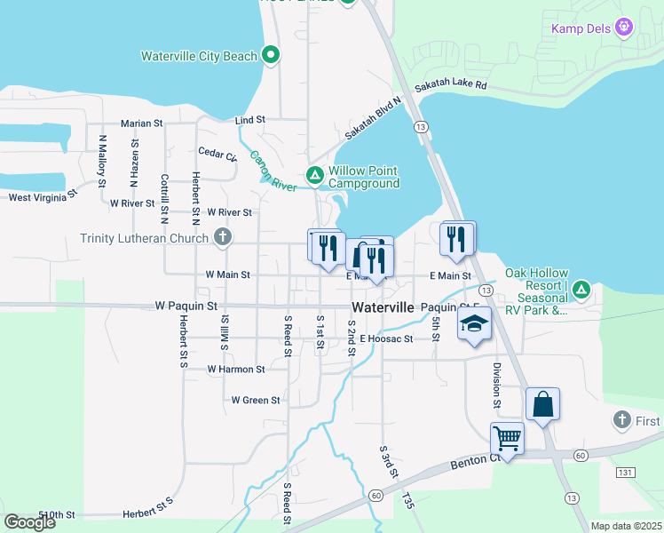 map of restaurants, bars, coffee shops, grocery stores, and more near in Waterville