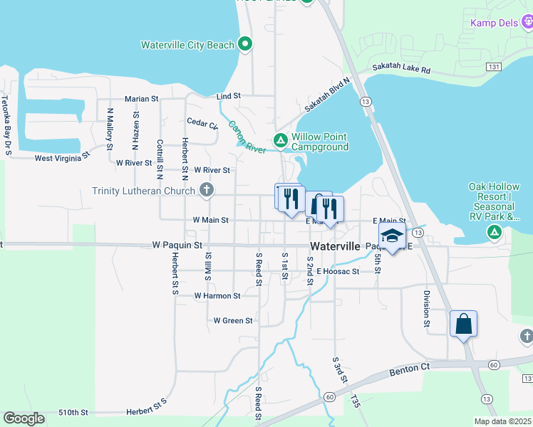 map of restaurants, bars, coffee shops, grocery stores, and more near 125 East Main Street in Waterville