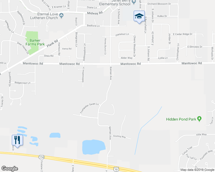 map of restaurants, bars, coffee shops, grocery stores, and more near 1100 Kernan Avenue in Menasha